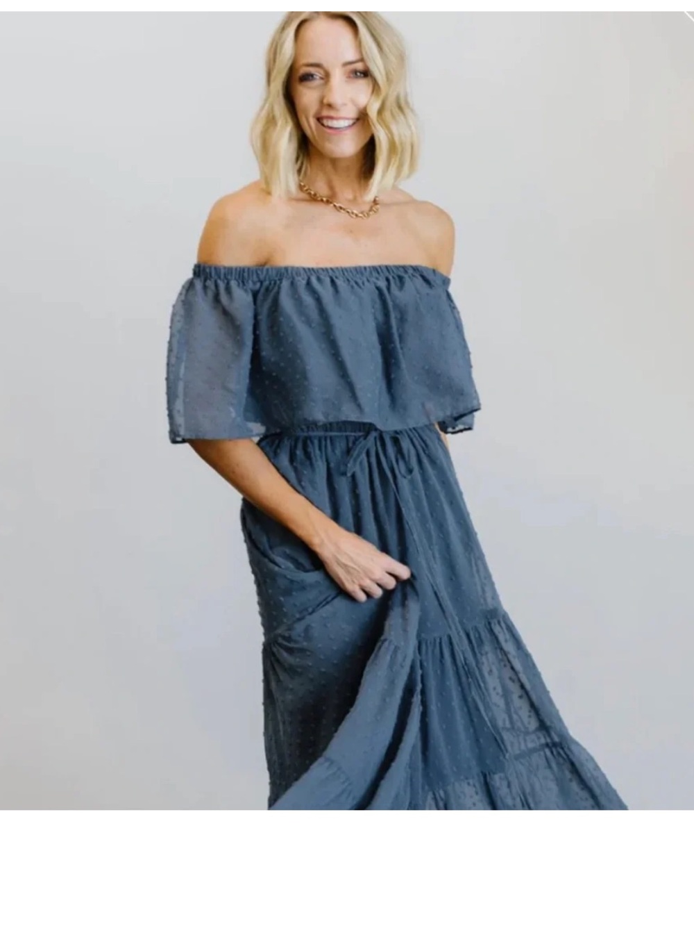 Baltic Born Off-Shoulder Blue Swiss Dot Maxi Dress